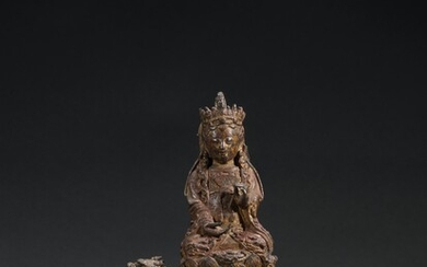 An inscribed and dated lacquer-gilt bronze figure of Manjushri, Ming dynasty, fourth year of the Longqing period, corresponding to 1570 AD | 明隆慶四年（1570年） 漆金銅文殊觀音菩薩, An inscribed and dated lacquer-gilt bronze figure of Manjushri, Ming dynasty, fourth...