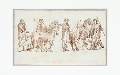 SOLD. Andreas Flint: A study of men around a war chariot, with an eagle and a griffin on verso. Unsigned. Drawing ink and wash on paper. Sheet size ca. 19 x 32 cm. – Bruun Rasmussen Auctioneers of Fine Art