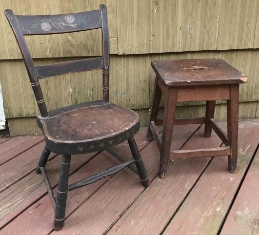 Antique American 19th C Child Size Chair & Stool