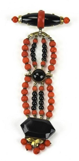 Antique Art Deco Carved Coral & Onyx Brooch