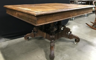 Antique Carved Wooden Dining Table On Casters
