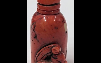 Antique Chinese Carved Red Coral Snuff Bottle With Bronze Spoon