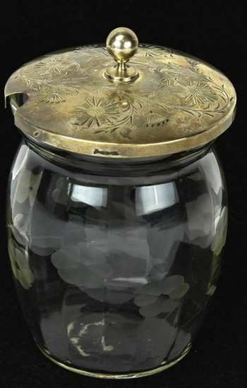 Antique Sterling Silver & Etched Glass Jam Jar