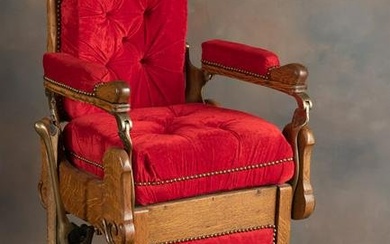 Antique oak pedestal Barber Chair, circa 1900, manufactured by "Hanson Company, Chicago, USA"