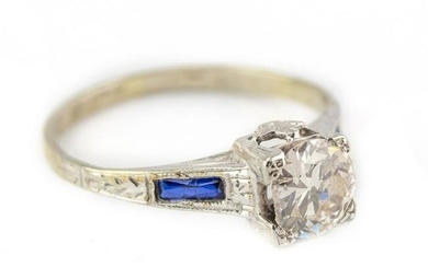 Art Deco 14k White Gold 3/4 Diamond Sapphire Ring