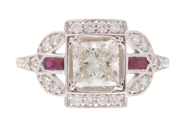 Art Deco-Style White Gold, Diamond, Ruby Ring