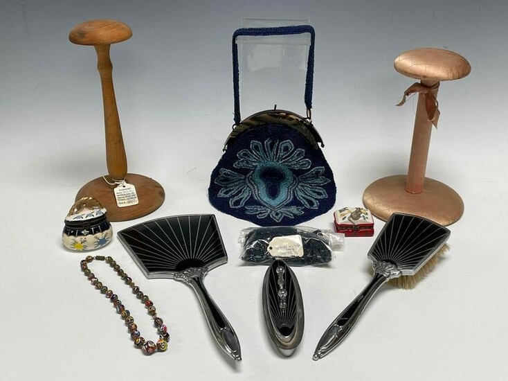 Art Deco Vanity Set, Hat Stands, Beaded Purse Ladies