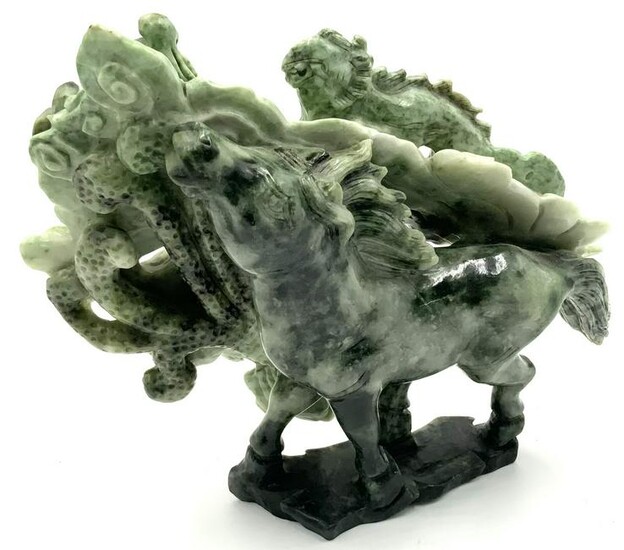 Asian Carved Jade Figure with Horse, Bat & Dragon.