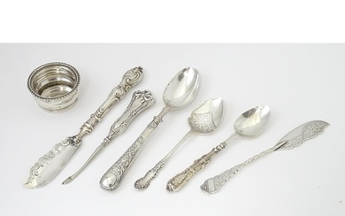 Assorted items to include a Victorian silver preserve spoon ...