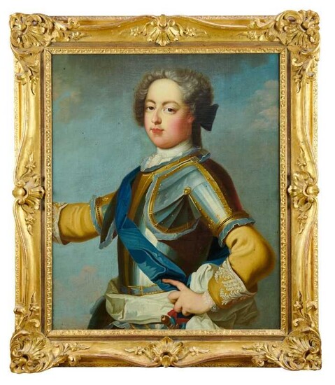 Attributed to John Baptiste Van Loo (1684-1785) oil on canvas, portrait of King Louis XV in armour, 76 x 65cm, good period gilt frame
