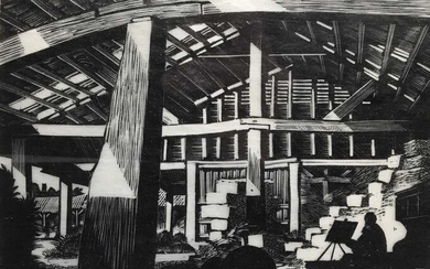 B Woodcock, wood engraving, The barn at Stratford St Mary, together with four various pictures
