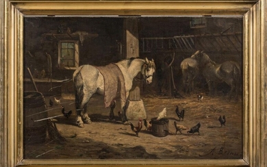 BESNUS Amédée (1831-1909) - "Horses in the stable" - Oil...