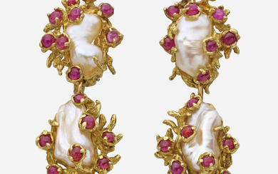 Barbara Anton Baroque cultured pearl, ruby, and gold earrings