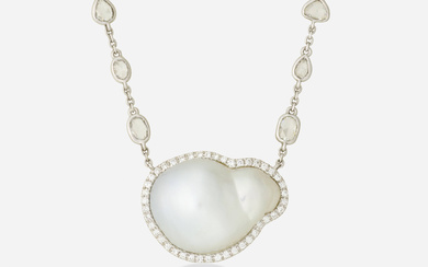Baroque cultured pearl, diamond, and white gold necklace