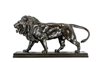 Barye, Antoine-Louis. Lion qui marche. Bronze à patine foncée, vissé sur une plinthe rectangulaire en...
