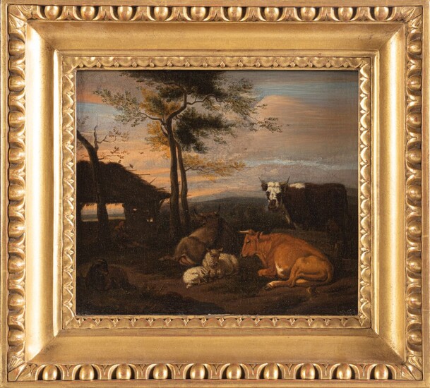 Berger et son troupeau XIXe siècle Huile sur toile Cadre en bois doré à l'or,...