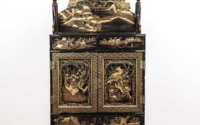 Black lacquer cabinet on stand Japanese the piece with two...