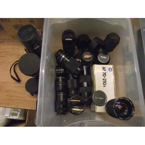 Box of some good quality long camera lenses few with cases,...