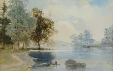 British School, 20th century- River landscape; pencil and watercolour heightened with white on paper, 22.4 x 34 cm