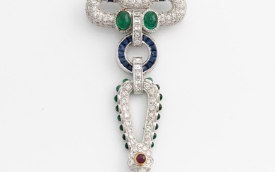Brooch, white gold with cabochon-cut emeralds, rubies, sapphires, and brilliant- and square-cut diamonds