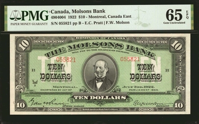 CANADA. Molson's Bank. 10 Dollars, 1922. CH #490-40-04. PMG Gem Uncirculated 65 EPQ.