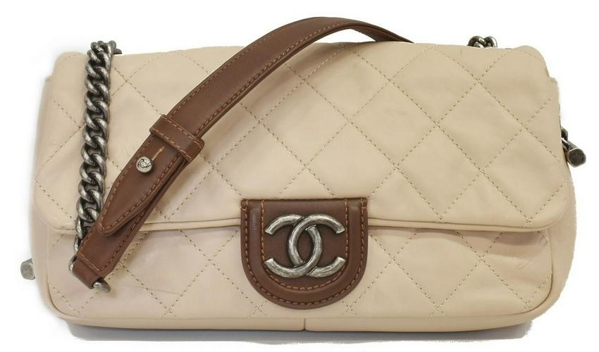 CHANEL BEIGE & BROWN QUILTED LEATHER FLAP BAG