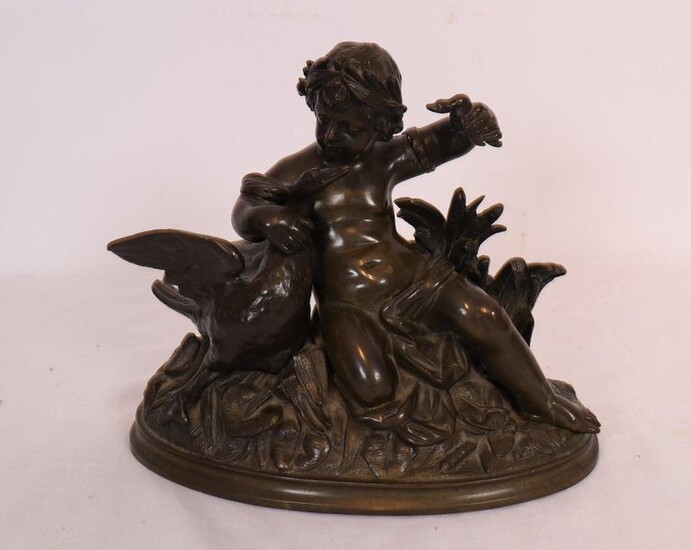 CHARMING SMALL SUBJECT "CHILDREN WITH GOOSES" in patinated bronze