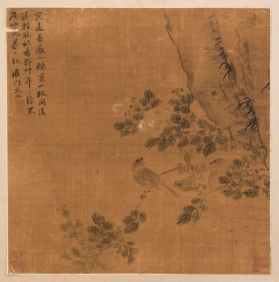 CHINESE ALBUM PAINTING ON SILK Attributed to Wen Ting. Depicting two birds and flowering tree branches. Marked with calligraphy and...