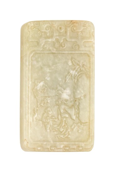 CHINESE CELADON JADE PENDANT Rectangular, with relief depiction of a sage painting on a rock on obverse and calligraphy on reverse....