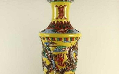 CHINESE LARGE ROULEAU VASE WITH DRAGON OVERLAID