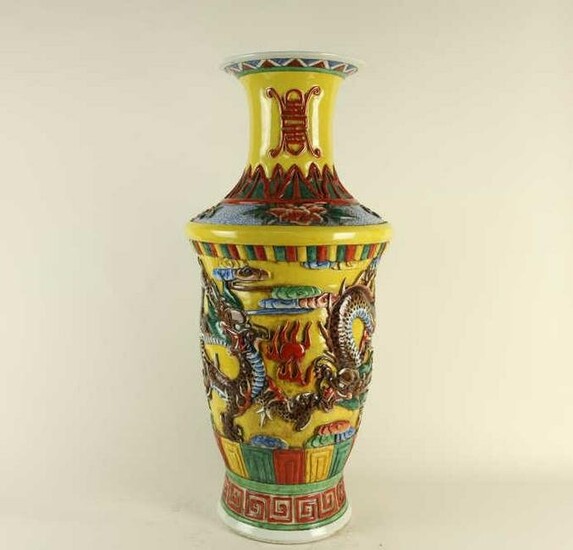 CHINESE LARGE ROULEAU VASE WITH DRAGON OVERLAID