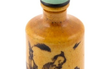 CHINESE YELLOW GLAZE PORCELAIN SNUFF BOTTLE Late 19th Century Height 3". Celadon green jade stopper.