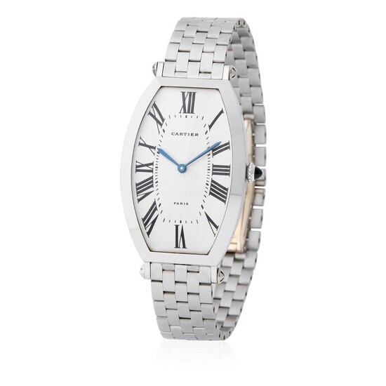 Cartier Paris. Very Rare Tonneau-Shape Wristwatch in Platinum, Reference 2435, With Silver Guillochè Roman Numbers Dial, Box, Warranty and Platinum Bracelet