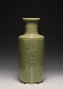 Carved Celadon Rouleau Vase, Kangxi Period