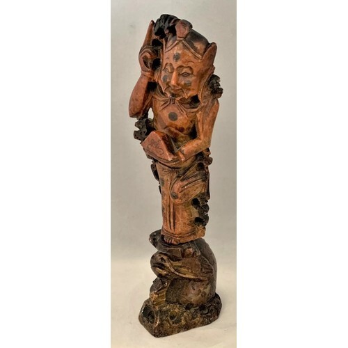 Carved Oriental soapstone figure, man standing on a fish 17 ...