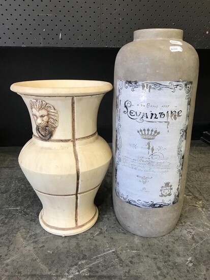 Ceramic French Style Vase (H:46 D:17cm) together with a Lion Themed Example (H:36 D:23cm)