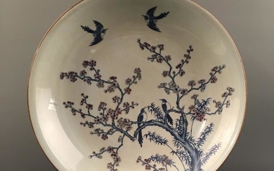 Chinese Blue-White Copper Red 'Bird & Flower' Charger