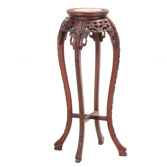 Chinese Carved Wood Marble Top Plant Stand, 20th Century