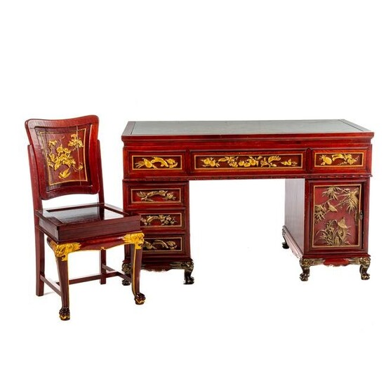Chinese Export Carved Kneehole Desk & Chair