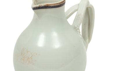 Chinese Export Porcelain Pitcher, Monogrammed 'ARK', Ca. 18th C., H 5" W 3" L 4.5"