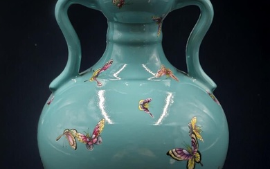 Chinese Turquoise Glazed Famille Rose Two-Handled Vase With Butterflies And...