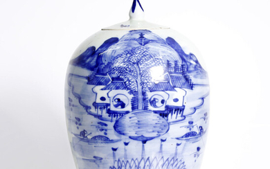 Chinese, blue and white jar, portraying a village scene