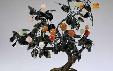 Chinese jade bonsai cherry tree w/ cloisonne pot
