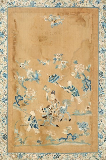 Chinese silk embroidery of deity riding a guardian and servants in a garden. Late Qing. Visible size 77×51 cm.