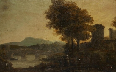 Circle of Richard Wilson, R.A., British 1714-1782- A wooded river landscape with figures walking and boating, a bridge, and a ruined castle; oil on canvas, 50.5 x 65.8 cm.