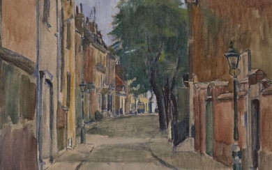 Clifford Hall RBA ROI, British 1904–1973 - Cheyne Row, Chelsea,1944; oil on canvas, signed and dated lower right 'Clifford Hall 1944' and with artist's label affixed to the reverse, 41 x 51 cm (ARR) Provenance: Louise Kosman, Edinburgh (according...
