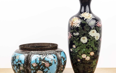 Cloisonné vase and jardinère Japanese the vase dark navy ground,...