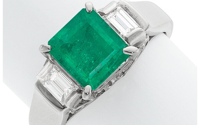 Colombian Emerald, Diamond, Platinum Ring Stones: Emerald-cut emerald weighing...