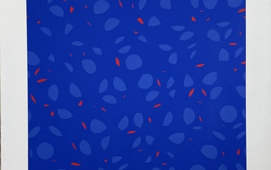 Composition rouge, bleue sur fond bleu – Acrylique sur toile, – 100 x 100 cm