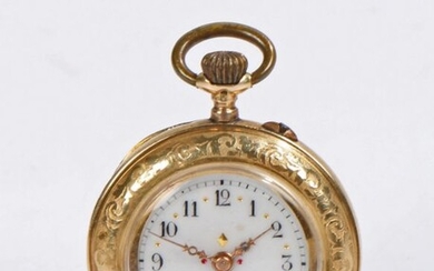 Continental 14 carat gold and enamel pocket watch, the enamel caseback depicting a mountainous